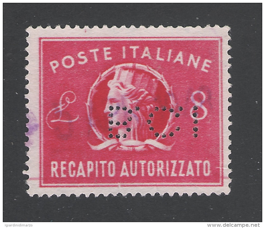 PERFIN ITALIA REPUBBLICA - 1947: RECAPITO AUTORIZZATO - Valore Usato Da Lire 8 (PERFIN) - In Buone Condizioni. - Perfins