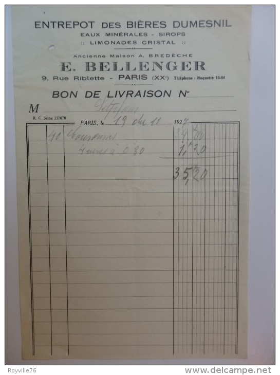 Bon De Livraison De L'entrepôt Des Bières Dumesnil Paris. - Invoices