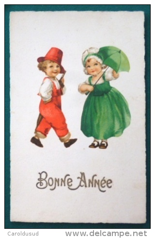 SUPERBE Litho Illustrateur CLAPSADDLE Duo Enfants Garcon Chapeau Rouge Fille  Fillette Robe Parapluie Vert - Clapsaddle