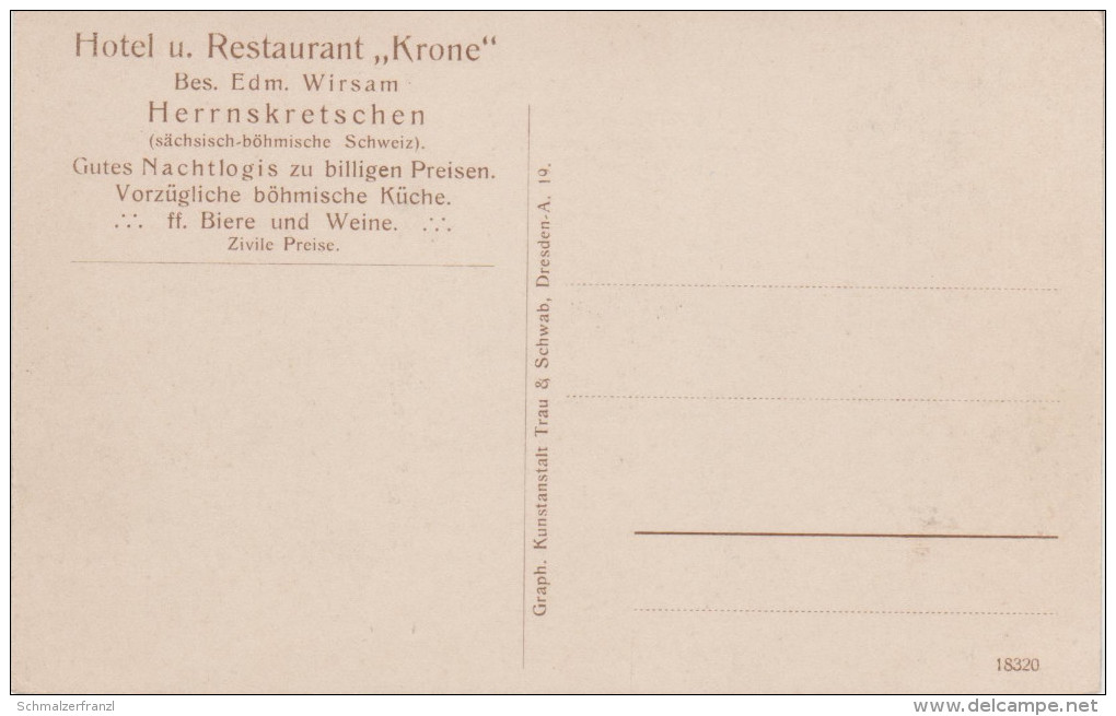 AK Hrensko Herrnskretschen Böhmische Schweiz Gasthof Restaurant Krone Bei Tetschen Decin Schmilka Schöna Niedergrund - Sudeten