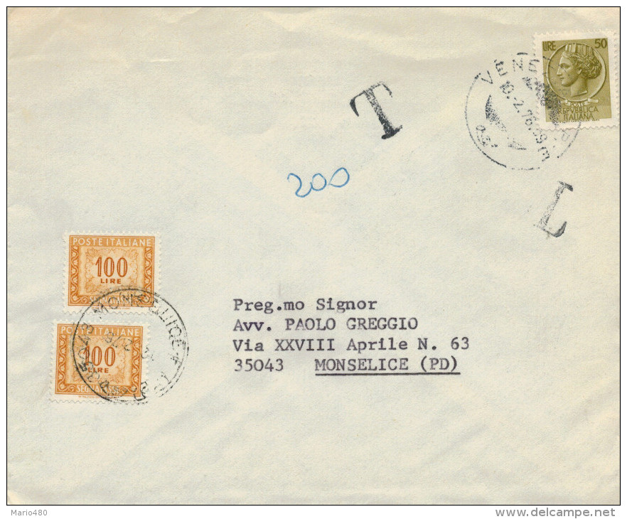 LETTERA  DA VENEZIA PER MONSELICE  ANNO  1976  TASSATA   (VIAGGIATA) - 1971-80: Marcofilie