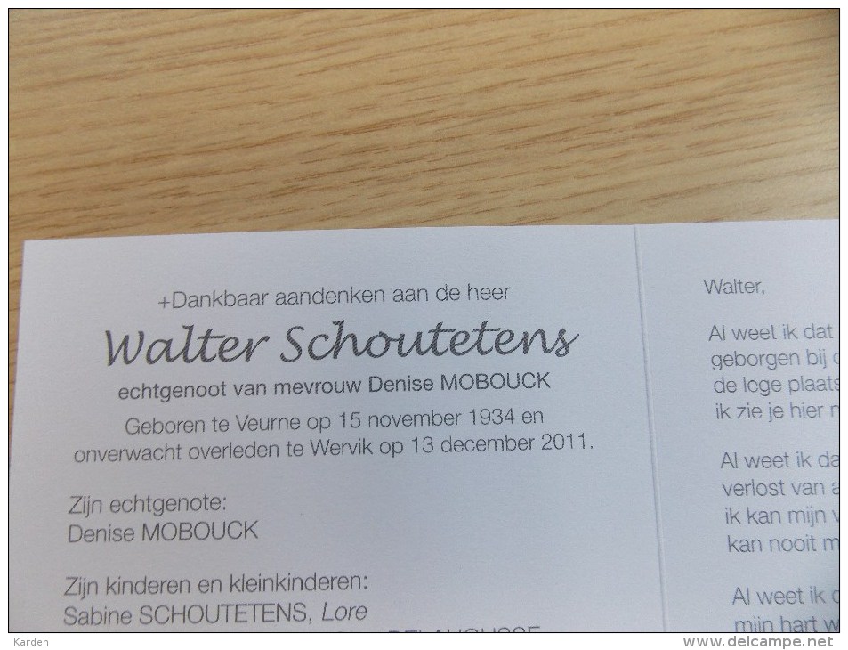 Doodsprentje Walter Schoutetens Veurne 15/11/1934 Wervik 13/12/2011 ( Denise Mocouck ) - Religione & Esoterismo