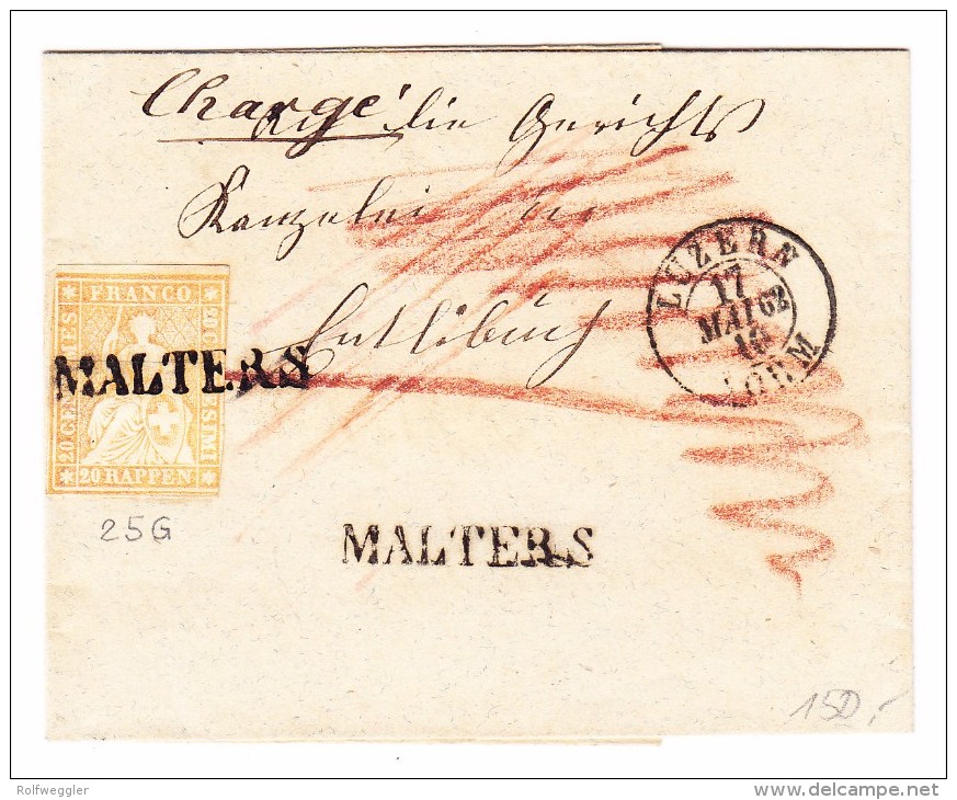 Heimat LU Malters Balkenstempel Auf Zu.25G Strubel R-Brief  Mit Stempel 17.5.1862 Luzern - Briefe U. Dokumente