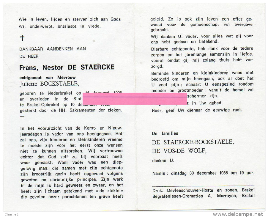 De Staercke Frans Nestor Bockstaele De Vos De Wolf Nederbrakel Bidprentje Doodsprentje - Religion & Esotérisme