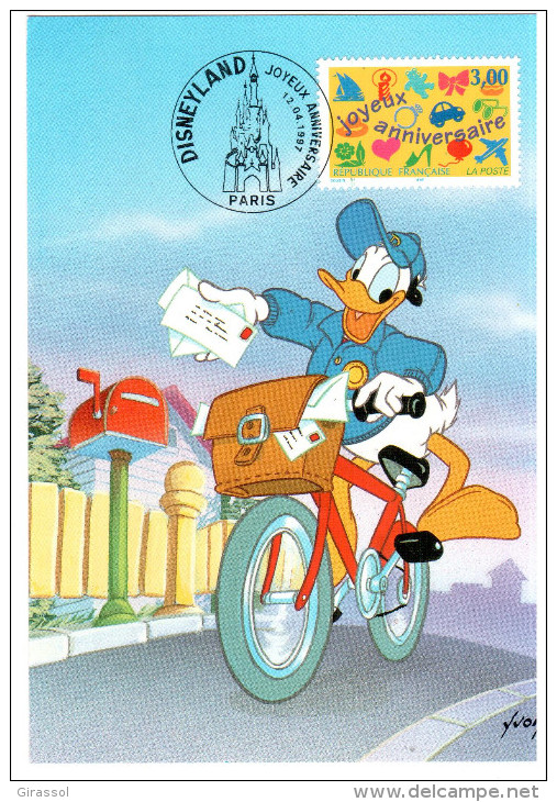 CPM DISNEYLAND PARIS JOYEUX ANNIVERSAIRE DONALD FACTEUR A VELO 1997 TIMBRE MAXIMUM 1 ER JOUR FLAMME - Disneyland