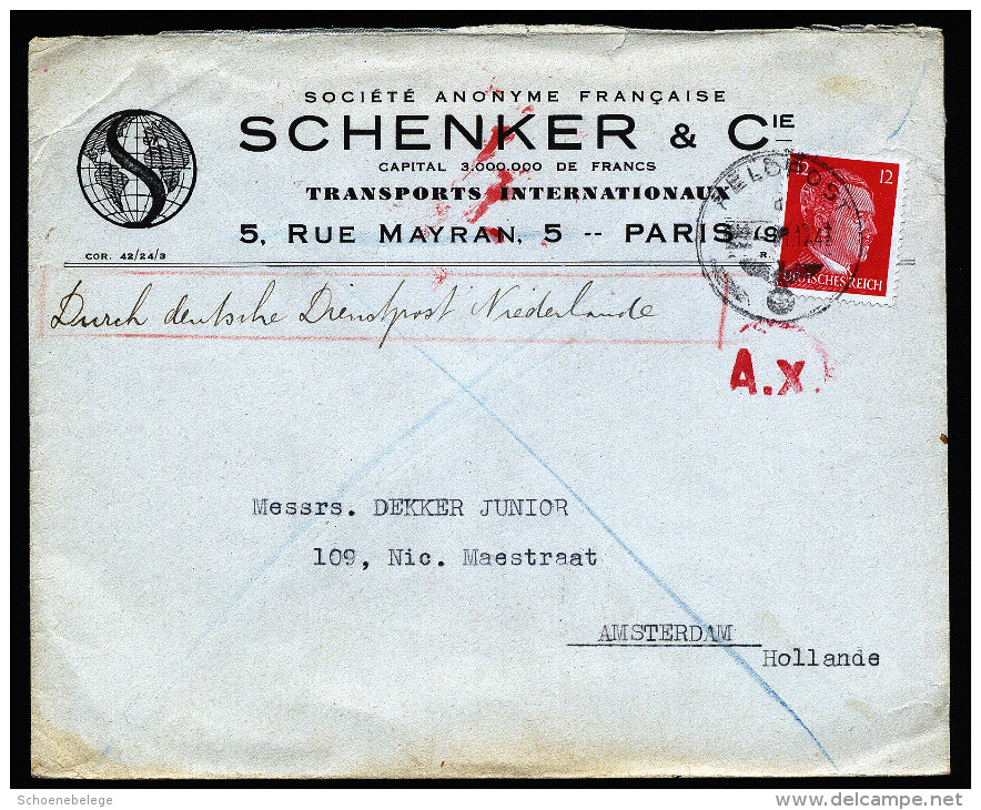 A3465) DR Dienstpost Niederlande Brief über FP-Amt Paris 1.12.43 Nach Amsterdam - Occupation 1938-45