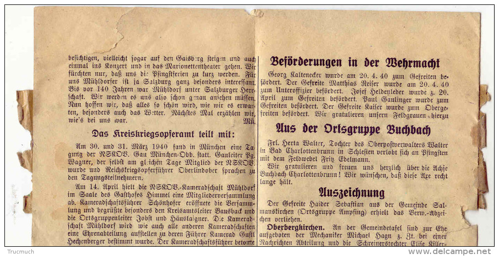 MILITARIA - Journal Allemand De 4 Pages - MÜHLDORFER FELDPOST Du 01 Mai 1940 - Allemand