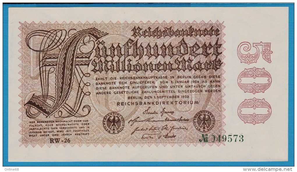 DEUTSCHES REICH  500 MILLIONEN MARK  01.09.1923  Serie RW-26 No 049573  P# 110d  DRUCKFEHLER - 500 Mio. Mark