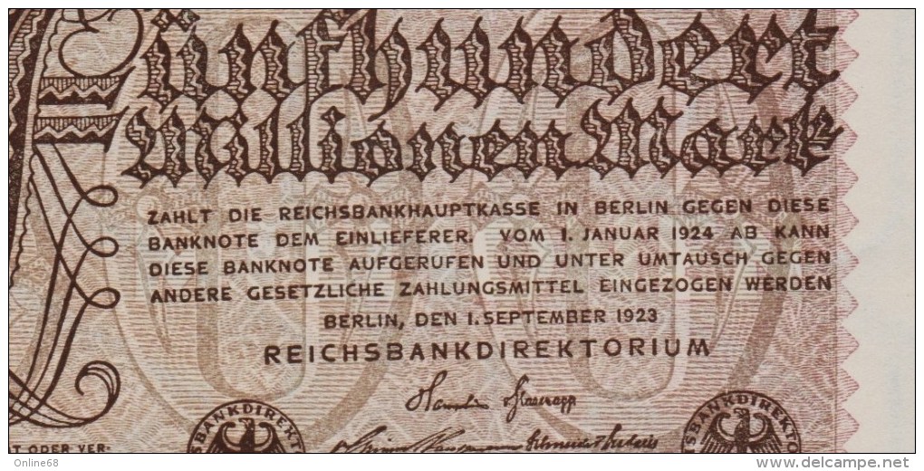 DEUTSCHES REICH  500 MILLIONEN MARK  01.09.1923  Serie RW-26 No 049573  P# 110d  DRUCKFEHLER - 500 Miljoen Mark