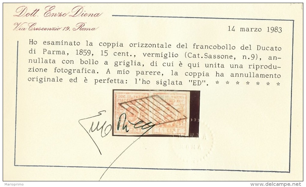 Coppia 15 C. Vermiglio Con Certificato Fotografico Diena - Parma