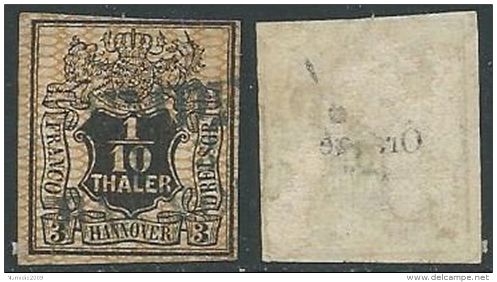 1856-57 GERMANIA ANTICHI STATI HANNOVER USATO STEMMA 1/10 G - G41 - Hanovre