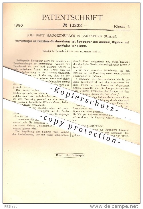 Original Patent - Joh. Bapt. Haggenmüller , Landsberg , 1880 , Petroleum - Straßenlaterne Mit Rundbrenner , Brenner !!! - Historische Dokumente