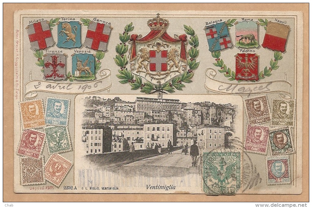 C.P.A Gaufrée - Ventimiglia - Voyagée 1906 - TIMBRES - BLASONS - Imperia