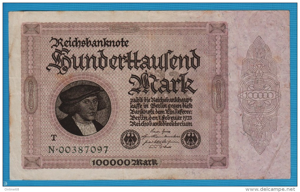 DEUTSCHES REICH 100000 MARK 1.02.1923  # N.00387097   P# 83c   With "T" - 100000 Mark