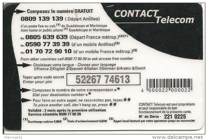 CARTE* PREPAYEE-DOM-TOM-CONTACT TELECOM-7.5€-PLUS De TEMPS-V°N°Code Laser Dans CADRE- TEXTE Noir--TBE-RARE - Autres & Non Classés