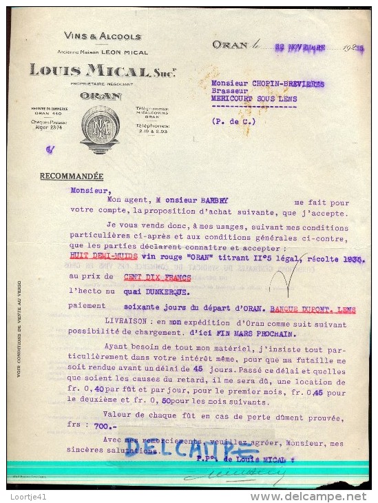 Faktuur Facture Lettre - Vins & Alcools Louis Mical - Oran Alger - 1923 - Autres & Non Classés