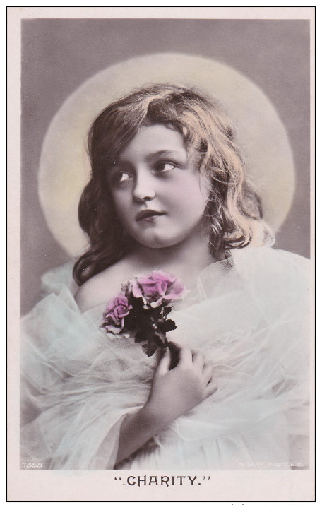 RP; "Charity", Portrait Of Young Girl Holding A Bouquet Of Pink Roses, Saint's Halo Over Head, 00-10s - Other & Unclassified