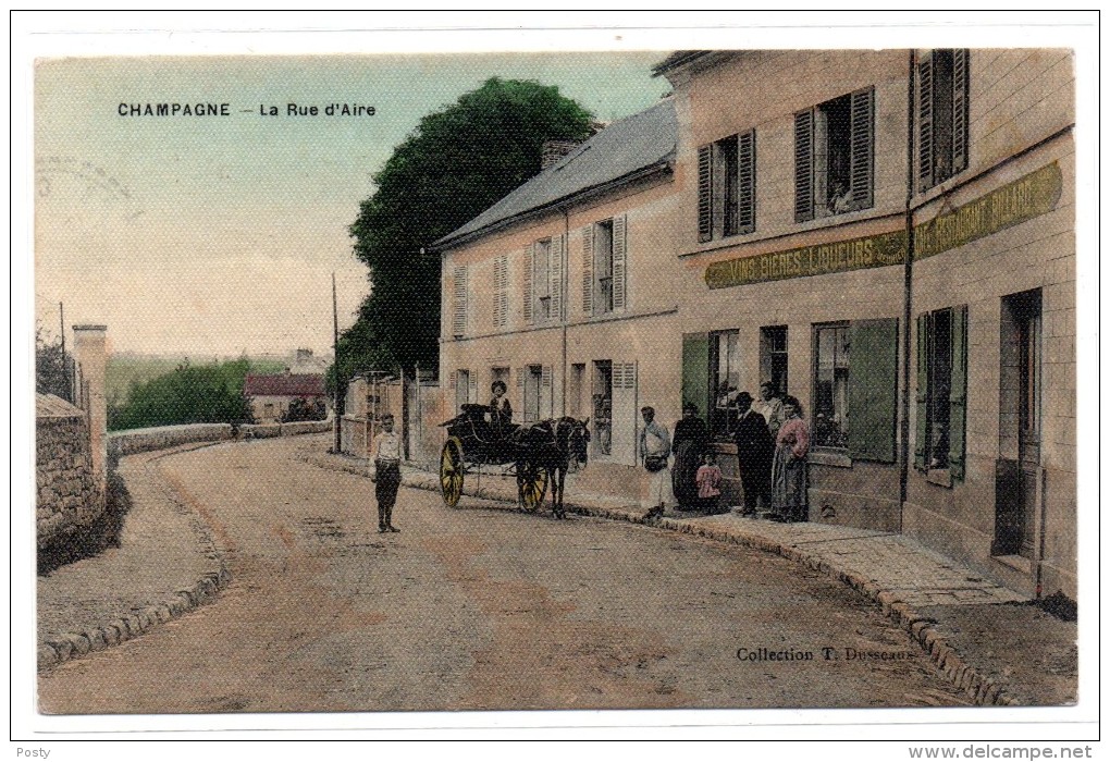 CPA - CHAMPAGNE-SUR-OISE - LA RUE D'AIRE - CALECHE - CAFE RESTAURANT MEUNIER - Colorisée - Toilée - Animée - 1909 - - Champagne Sur Oise