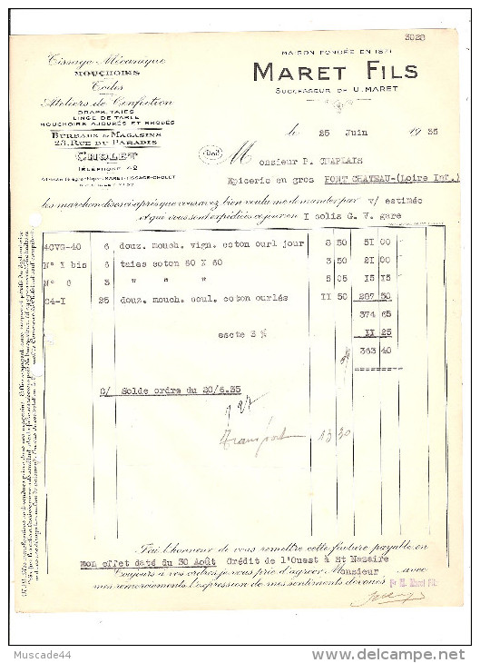 MOUCHOIRS MARET FILS CHOLET - FACTURE A CHAPLAIS PONTCHATEAU - 1900 – 1949