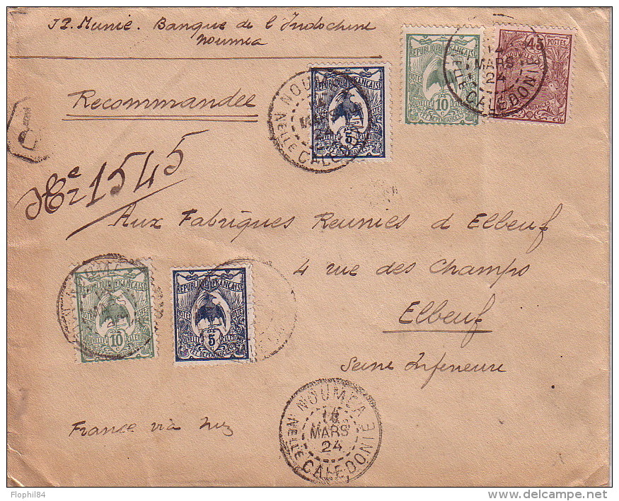 NOUVELLE CALEDONIE - NOUMEA - LETTRE RECOMMANDEE POUR LA FRANCE LE 14-3-1924 - BEL AFFRANCHISSEMENT A 75c - RARE. - Briefe U. Dokumente