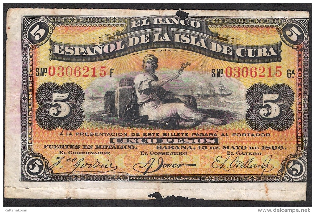 CUBA  P48b   5  PESOS   1896    VG-F - Kuba