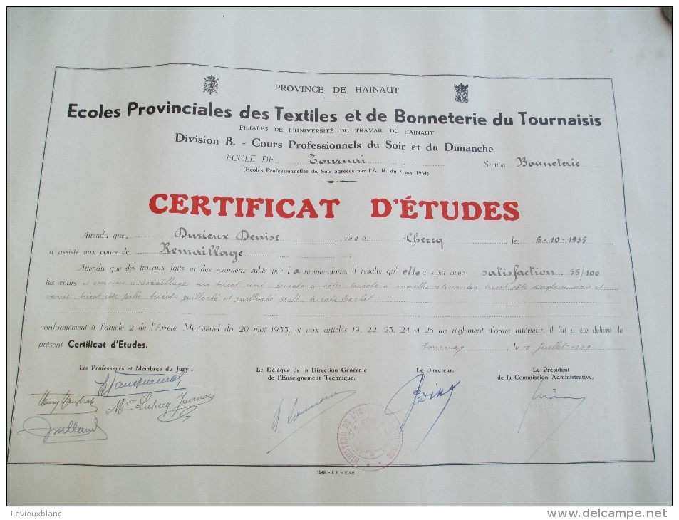 Certificat D´Etudes/Ecoles Provinciales Des Textiles Et De Bonneterie Du Tournaisis/Belgique/1949    DIP26 - Diploma & School Reports