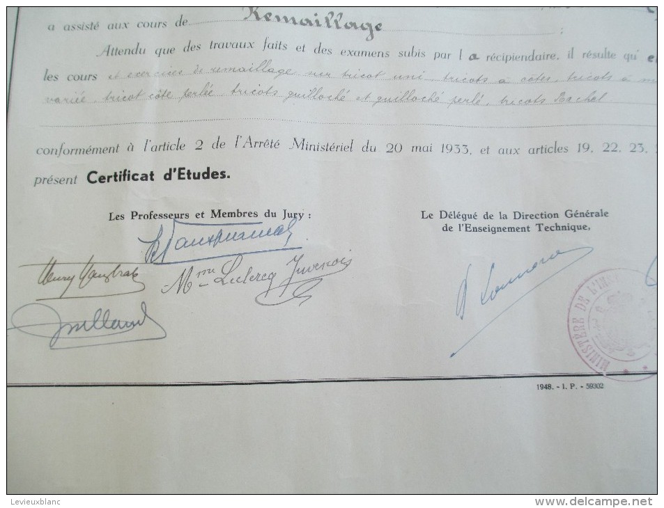 Certificat D´Etudes/Ecoles Provinciales Des Textiles Et De Bonneterie Du Tournaisis/Belgique/1949    DIP26 - Diploma & School Reports