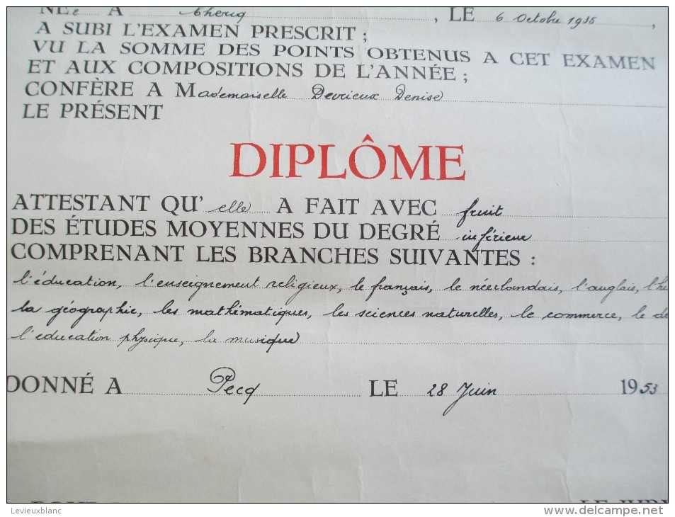 Royaume De Belgique / Ministére De L'Instruction Publique/Diplome D'Etudes Moyennes Du Degré/1953    DIP28 - Diploma & School Reports