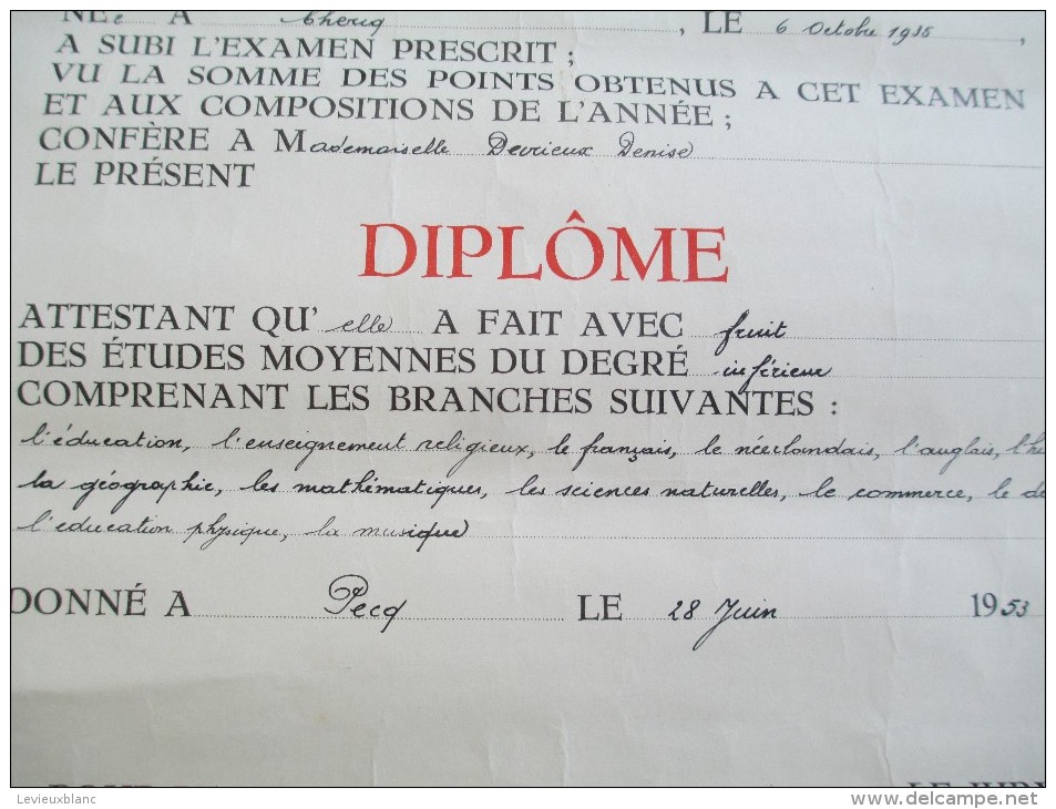 Royaume De Belgique / Ministére De L'Instruction Publique/Diplome D'Etudes Moyennes Du Degré/1953    DIP28 - Diplômes & Bulletins Scolaires