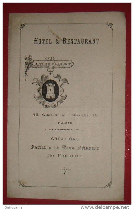 Carte De La Tour D’Argent  –  Créations Faites Par Frédéric  -  Vers 1900 - Menus