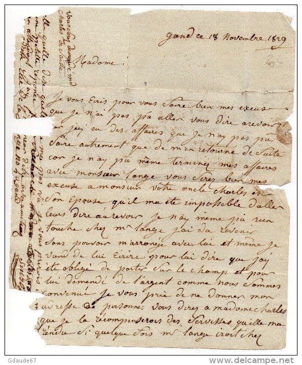 1829 - LETTRE De GAND Pour PARIS Avec CACHET D'ENTREE PAYS BAS Par LILLE - 1815-1830 (Dutch Period)