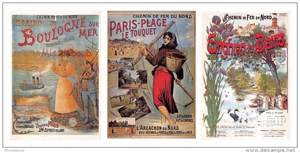 Lot 3 CPM - Chemin De Fer Du Nord - Boulogne Sur Mer Le Touquet Enghien - Pub Affiche - Dos Vierge - Voir Les Scans - Ouvrages D'Art