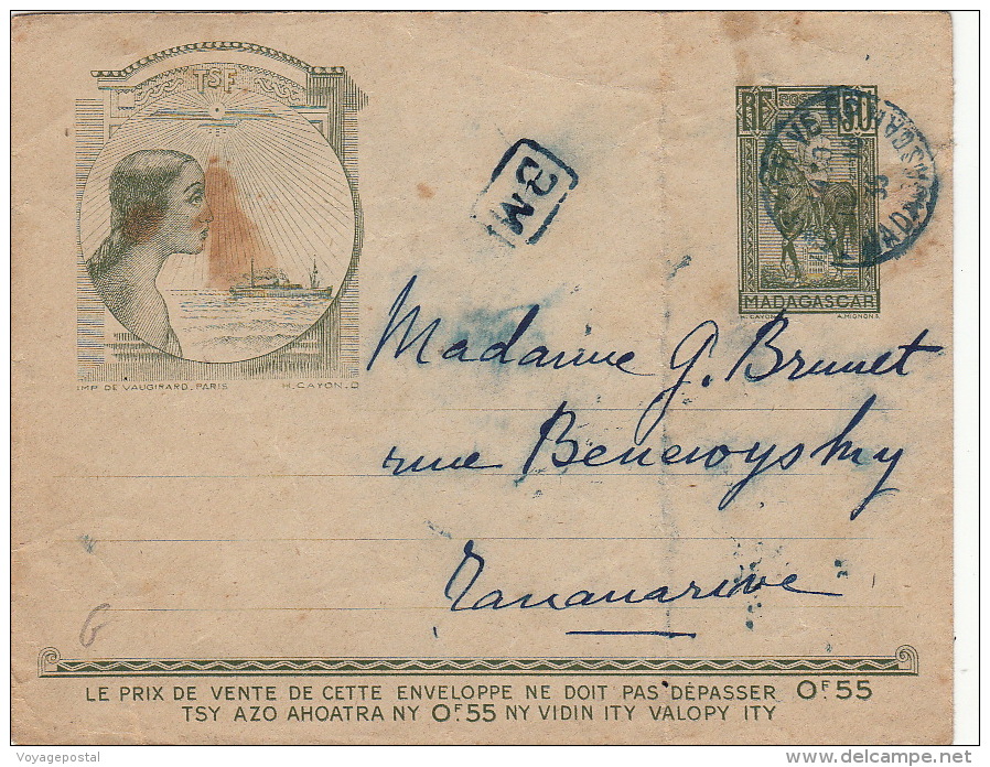 Lettre Madagascar TSF Entier Postal CaD Bleu TANANARIVE RP 1935 - Lettres & Documents