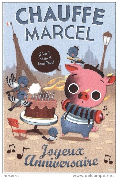 CPM Paris Brûle-t-il ? De Lucie BRUNELLIERE  Acec Cochon Tour Eiffel Gâteau Oiseaux Accoedéonpain Bon Anniversaire - Genealogy