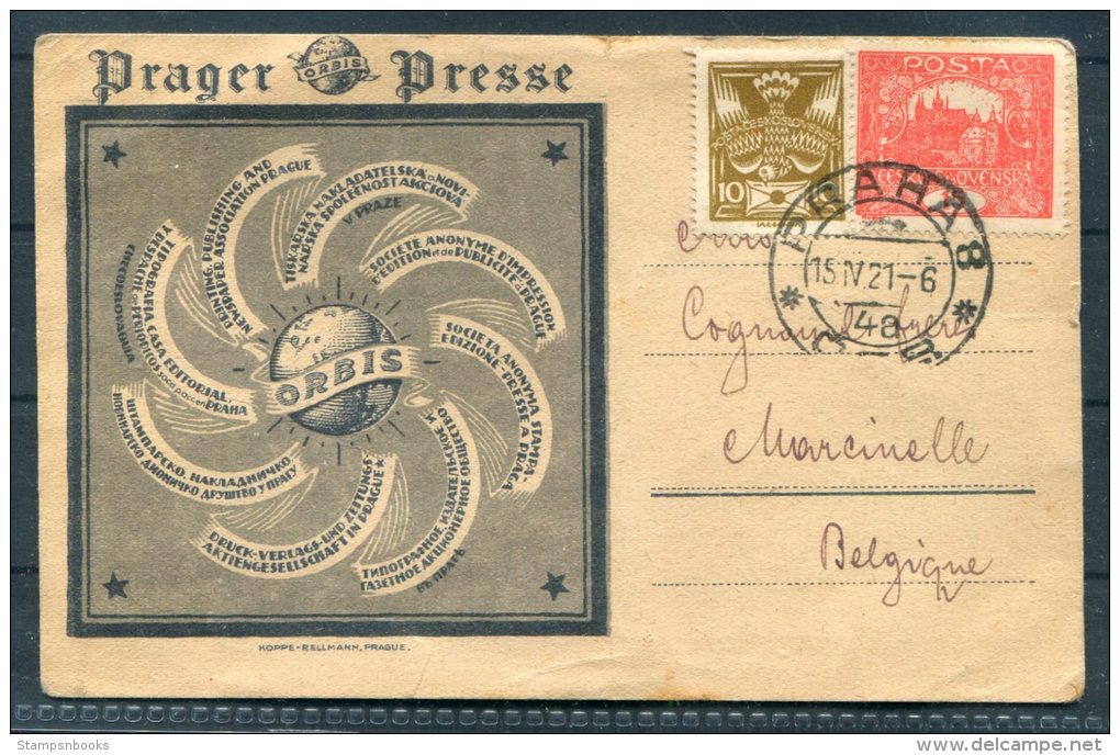 1921 Prague Praha 'ORBIS' Prager Presse Globe Illustrated Advertising Postcard - Belgium - Covers & Documents