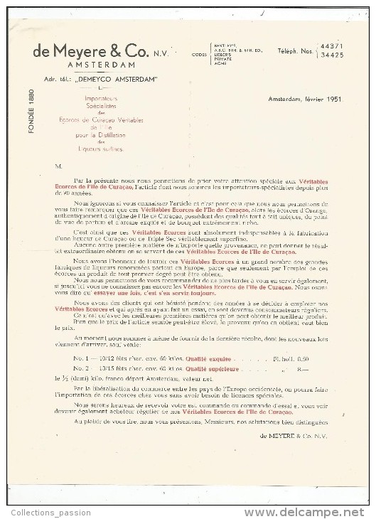 Lettre Commerciale , PAYS BAS , DeMEYERE & Co. N.v. , AMSTERDAM , écorces De CURACAO , Liqueur , 1951 - Niederlande