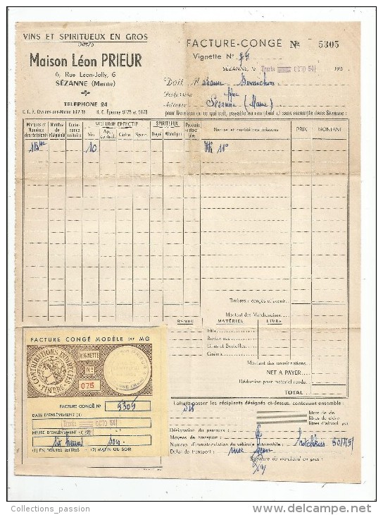 Facture Congé , Vins Et Spiritueux En Gros , Maison Léon PRIEUR , Marne , SEZANNE , 1954 , 2 Scans - 1950 - ...