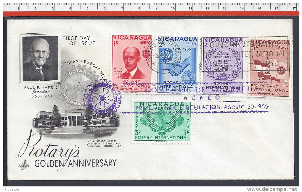 NICARAGUA - ENVELOPPE 1er JOUR " ROTARYS GOLDEN ANNIVERSARY " 30 AOUT 1955 - - Nicaragua