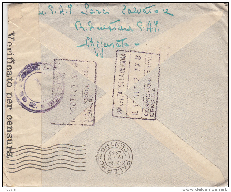 LIBIA - MISURATA - R. QUESTURA P.A.I.  _ 15.10.1942  /  ITALIA _ Cover _ Lettera - Cent. 50 X 2 _ Scritto All´interno - Marcophilie