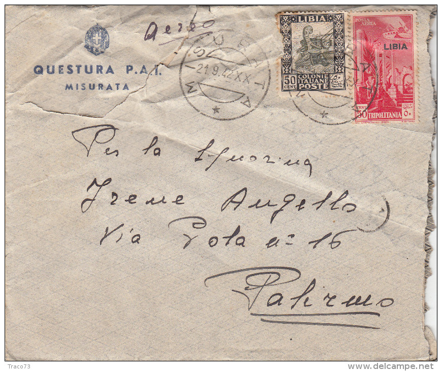 LIBIA - MISURATA - R. QUESTURA P.A.I.  _ 21.9.1942  /  ITALIA _ Cover _ Lettera - Cent. 50 X 2 _ Scritto All´interno - Marcophilie