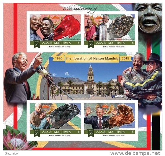Maldives 2015, Mandela, Pelè, Dalai Lama, M. Jackson, 4val In BF, IMPERFORATED - Unused Stamps