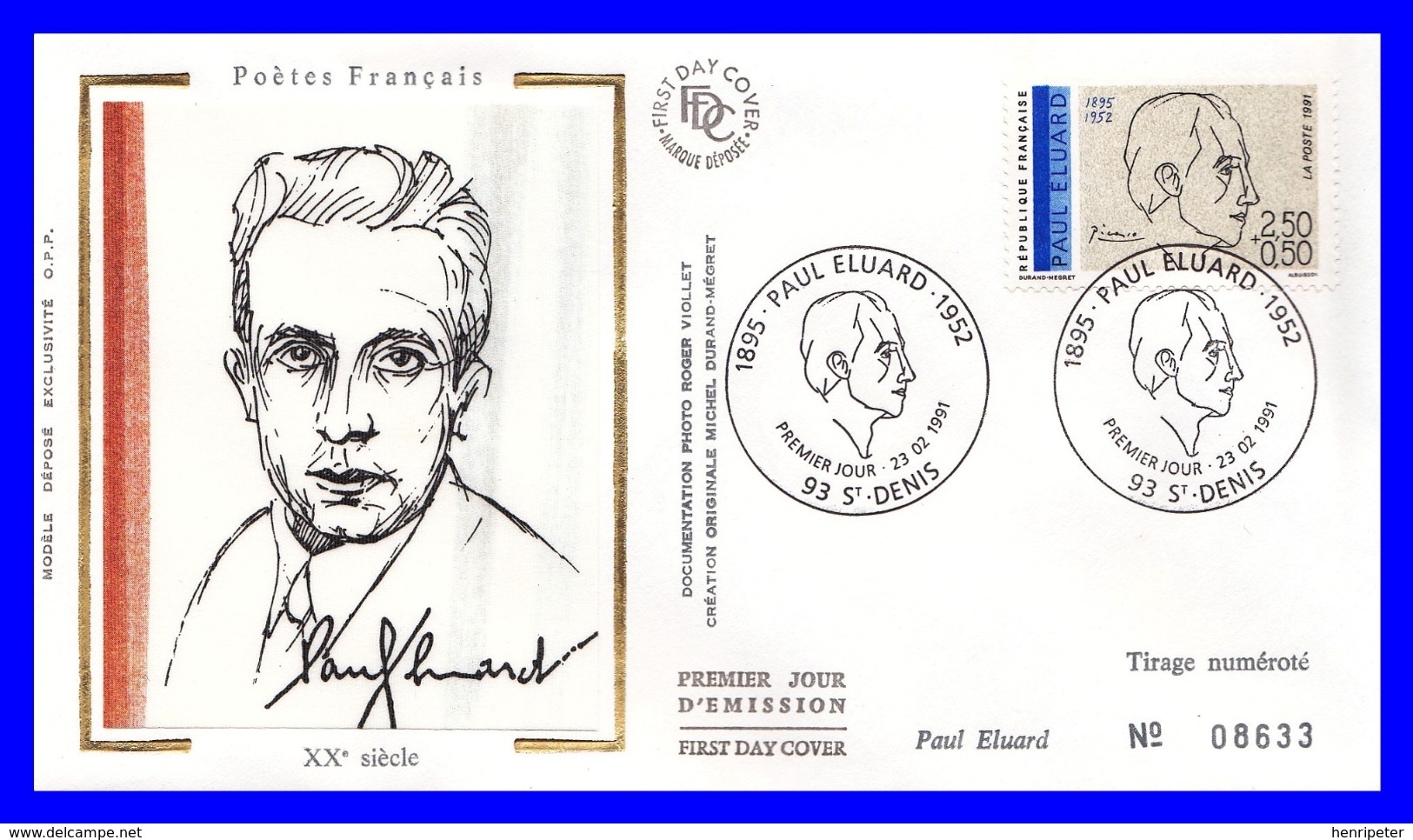 2681 (Yvert) Sur FDC Illustrée Sur Soie - Poètes Français Du 20ème Siécle. Paul Éluard - France 1991 - 1990-1999