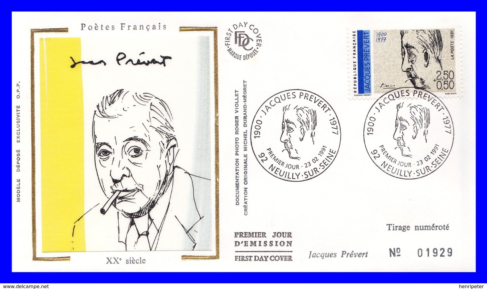 2685 (Yvert) Sur FDC Illustrée Sur Soie - Poètes Français Du 20ème Siécle. Jacques Prévert - France 1991 - 1990-1999