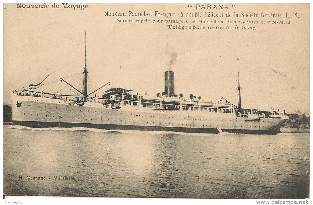 CPA-1909-PAQUEBOT-Cie GENERALE TRANSPORTS MARITIMES-PARANA-Ligne Marseille Buenos-Ayres-TBE-RARE - Paquebots