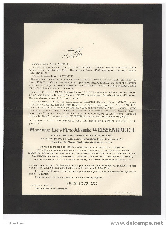 Faire-part Décès Louis Pierre Weissenbruch [épx Marguerite De Smeth] Administrateur Chemins De Fer Bruxelles 1921 - Décès