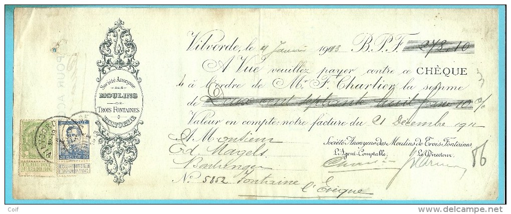 83+120 Op Recu Met Stempel VILVOORDE Met Firmaperforatie (perfin) "T.F." Van MOULINS / TROIS FONTAINES - 1909-34