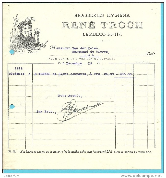 BRASSERIE HYGIENA / RENE TROCH / LEMBECQ-LEZ-HAL  1919 (F692) - Alimentaire