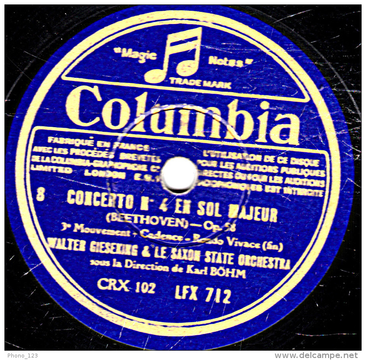 Disque 78 Trs - 30 Cm - état P - WALTER GIESEKING & LE SAXON STATE ORCHESTRA  (BEETHOVEN) - 78 T - Disques Pour Gramophone