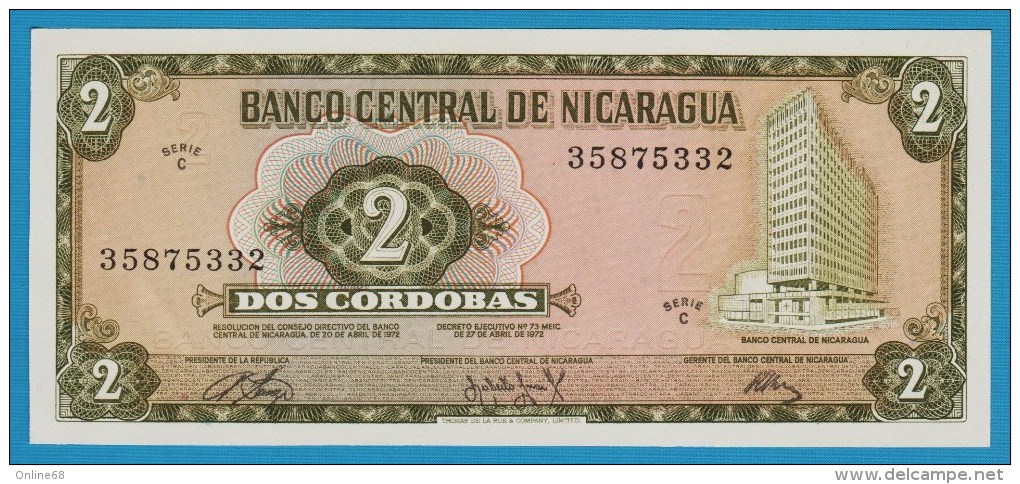 NICARAGUA 2 Córdobas D. 27.04.1972  Serie C 35875332  P# 121  Banco Central Building, Managua - Nicaragua