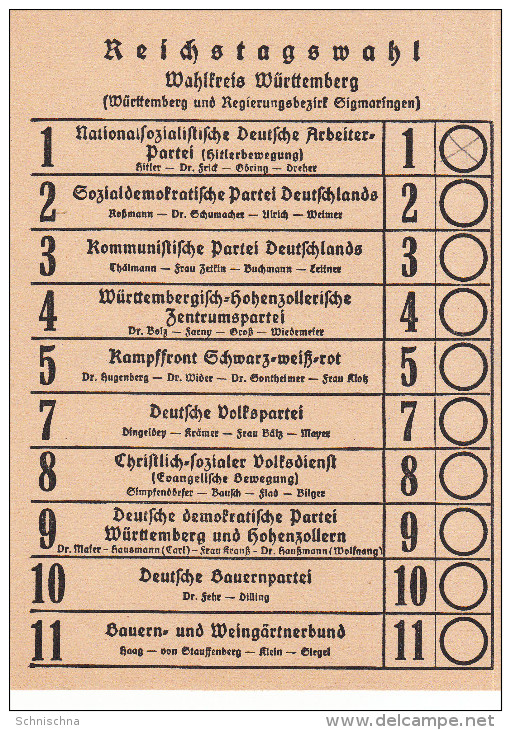 Stimmzettel Zur Reichtagswahl In Deutschland, März 1933, Wahlkreis Württemberg U. Sigmaringen - Ohne Zuordnung